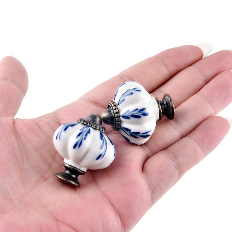 IEIK 10Pcs Pumpkin Ceramic Drawer Knobs, Dresser Knobs Vintage Door Pull Handles Retro Antique Floral Leaf Pattern for Furniture Drawer Dresser Cabinet with Screws (White/Blue) - Image 3